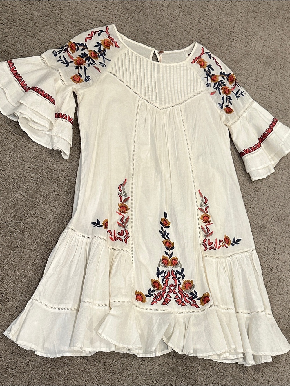 Free People White Embroidered Boho Dress with Floral Details